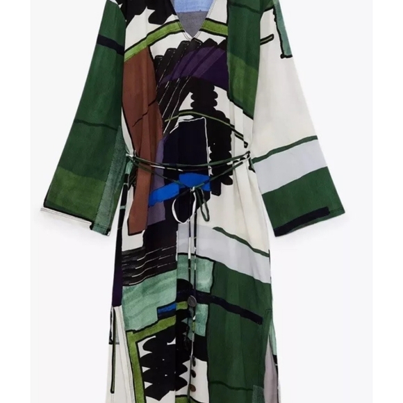 ZARA Green printed tunic kaftan belted mididress - Picture 2 of 8